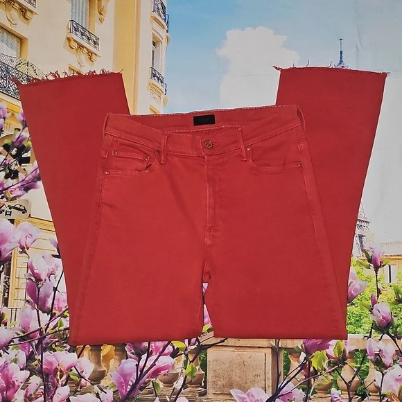 MOTHER Vibrant Hot Rod Red Insider Crop Step Fray Size 29 - Picture 2 of 8